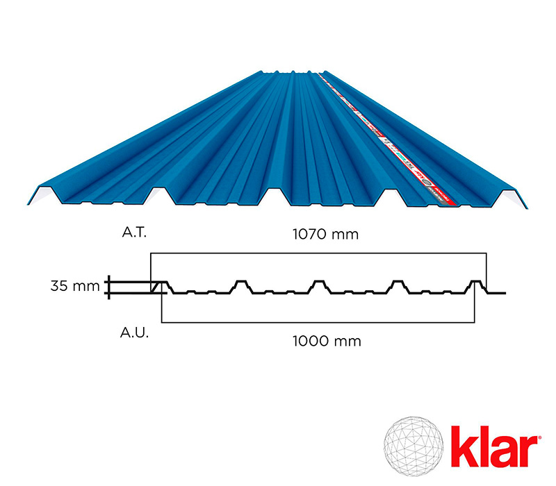 Techo KLAR modelo TK5 de 35 mm de altura, ancho total 1070 mm y útil 1000 mm, en UPVC, para cubiertas termoacústicas
